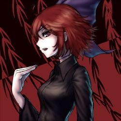 Rule 34 | 1girl, black shirt, bow, gradient background, hair bow, hand gesture, looking at viewer, miata (miata8674), profile, red eyes, red hair, sekibanki, shirt, short hair, simple background, solo, stitches, touhou