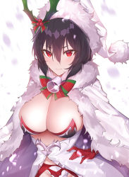 Rule 34 | 1girl, bad id, bad twitter id, bell, black hair, blush, breasts, cleavage, cloak, closed mouth, dress, fur-trimmed cloak, fur trim, garter belt, gloves, hair between eyes, hair ornament, hand on own hip, hat, highres, holly hair ornament, illya (christmas) (princess connect!), illya (princess connect!), large breasts, long hair, looking at viewer, open clothes, open dress, princess connect!, red eyes, red gloves, santa hat, slit pupils, smile, snowing, solo, white cloak, white dress, white hat, yaman