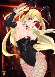 Rule 34 | 1girl, animal ears, arm warmers, black leotard, blonde hair, breasts, cowboy shot, detached collar, earrings, ereshkigal (fate), fake animal ears, fate/grand order, fate (series), fishnet pantyhose, fishnets, jewelry, leotard, logo, long hair, medium breasts, murio, neck ribbon, pantyhose, parted bangs, playboy bunny, rabbit ears, red eyes, red ribbon, ribbon, solo, strapless, strapless leotard, tohsaka rin, two side up, wrist cuffs