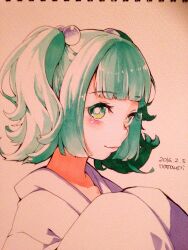 Rule 34 | 1girl, artist name, closed mouth, dated, green eyes, green hair, hair bobbles, hair ornament, japanese clothes, kimono, kisume, namauni, photo (medium), short hair, sleeves past fingers, sleeves past wrists, solo, touhou, traditional media, two side up, upper body, white kimono, wide sleeves