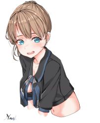 Rule 34 | 1girl, black shirt, blue eyes, blush, breasts, brown hair, collarbone, cropped arms, cropped torso, hair between eyes, highres, intrepid (kancolle), kantai collection, large breasts, military, military uniform, nagisa nagi, navel, open mouth, ponytail, shirt, short hair, short sleeves, signature, simple background, solo, teeth, uniform, upper body, upper teeth only, white background