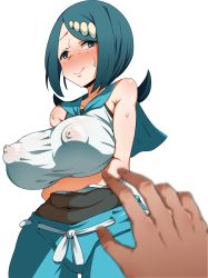 Rule 34 | 1boy, 1girl, bare shoulders, blue eyes, blue hair, blush, breast hold, breasts, covered erect nipples, creatures (company), dark-skinned male, dark skin, furau, game freak, highres, lana&#039;s mother (pokemon), large breasts, looking at viewer, mature female, nintendo, nipples, pants, pokemon, pokemon (anime), pokemon sm (anime), pov, shirt, simple background, sleeveless, smile, sweat, swimsuit, swimsuit under clothes, white background
