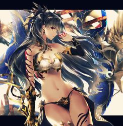 Rule 34 | 1girl, adapted costume, arm at side, arm tattoo, armlet, asymmetrical clothes, asymmetrical legwear, asymmetrical sleeves, bare shoulders, bikini, black bikini, black hair, black ribbon, breasts, cleavage, closed mouth, crown, earrings, eyes visible through hair, fate/grand order, fate (series), floating hair, gem, hair ribbon, hand up, head down, heavenly boat maanna, highres, holding, holding sword, holding weapon, hoop earrings, ishtar (fate), jewelry, long hair, looking at viewer, medium breasts, midriff, navel, neck, neck ring, red eyes, revealing clothes, ribbon, serious, single thighhigh, solo, strapless, strapless bikini, swimsuit, sword, tattoo, thighhighs, tohsaka rin, two side up, type-moon, uneven legwear, uneven sleeves, very long hair, wavy hair, weapon, white bikini, yuririensu