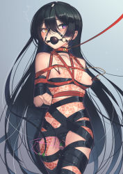 Rule 34 | 1girl, absurdres, arms behind back, ball gag, bdsm, black hair, bondage, bound, breasts, collar, fate/grand order, fate (series), gag, gagged, harness gag, heterochromia, highres, kaddo, leash, long hair, mochizuki chiyome (fate), nipple clamps, purple eyes, rope, sex toy, shibari, small breasts, snake tattoo, solo, tattoo, very long hair, vibrator, viewer holding leash, yellow eyes