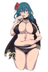 Rule 34 | 1girl, belly grab, bikini, blue eyes, blush, bra, bracelet, breasts, byleth (female) (fire emblem), byleth (fire emblem), cleavage, crumbs, eating, fat, fire emblem, fire emblem: three houses, flower, flower on head, food, green hair, highres, huge breasts, jewelry, karaage53ko, nintendo, plump, robe, solo, swimsuit, thick thighs, thighs, underwear, weight conscious