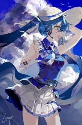 Rule 34 | 1girl, :d, bare shoulders, blue eyes, blue hair, blue shirt, blue sky, blue theme, bottle, cloud, collared shirt, commentary, cumulonimbus cloud, feet out of frame, hand on headwear, hat, hatsune miku, headset, highres, holding, holding bottle, long hair, lunar (lunar 815), necktie, open mouth, pleated skirt, profile, shirt, skirt, sky, sleeveless, sleeveless shirt, smile, solo, symbol-only commentary, teeth, tie clip, twintails, upper teeth only, very long hair, vocaloid, water bottle, white hat, white necktie, white skirt, wing collar