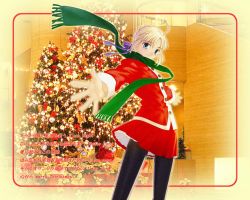 Rule 34 | 00s, 1girl, alternate costume, artoria pendragon (all), artoria pendragon (fate), blonde hair, christmas, fate/stay night, fate (series), female focus, indoors, jacket, merry christmas!, pantyhose, red jacket, red skirt, saber (fate), scarf, skirt, smile, solo, standing, tree