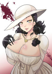 Rule 34 | 1girl, alcina dimitrescu, black flower, black hair, black rose, blood, blood splatter, breasts, cleavage, cleavage cutout, clothing cutout, colonel aki, commentary, dress, flower, gloves, hat, jewelry, large breasts, long hair, looking at viewer, necklace, resident evil, resident evil village, rose, smile, solo, upper body, white dress, yellow eyes