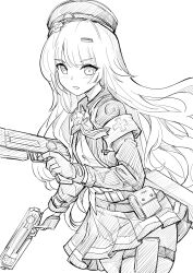 Rule 34 | blush, dual wielding, gloves, goddess of victory: nikke, greyscale, hair ornament, hat, highres, holding, holding weapon, jacket, lineart, long hair, looking at viewer, military hat, monochrome, pantyhose, parted lips, pleated skirt, pouch, shirt, simple background, skirt, soline (nikke), thigh pouch, weapon, white background, yougenko
