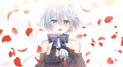Rule 34 | 1girl, alternate costume, bad id, bad pixiv id, bare shoulders, black dress, black ribbon, black sleeves, blue eyes, blue hair, blue ribbon, blush, breasts, cleavage, collarbone, commentary request, detached sleeves, dress, flower, gloves, hair flower, hair ornament, hair over one eye, highres, leaf, long sleeves, looking at viewer, medium breasts, off-shoulder dress, off shoulder, open mouth, re:zero kara hajimeru isekai seikatsu, rem (re:zero), ribbon, short hair, signature, solo, urim (paintur), white flower, white gloves, x hair ornament