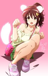 Rule 34 | 1girl, animal ears, bag, bare shoulders, brown hair, casual, collarbone, commentary request, dated, flower, green skirt, hair flower, hair ornament, hairclip, handbag, hibike! euphonium, high ponytail, highres, looking at viewer, medium hair, miniskirt, nii manabu, open clothes, oumae kumiko, pink background, pink footwear, shoes, signature, skirt, sneakers, solo, spaghetti strap, squatting, tail, yellow eyes