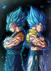 Rule 34 | 2boys, absurdres, aura, back-to-back, baggy pants, biceps, black background, black vest, black wristband, blue eyes, blue hair, blue sash, closed mouth, commentary request, crossed arms, dougi, dragon ball, dragon ball super, earrings, gloves, gogeta, highres, jewelry, looking ahead, male focus, metamoran vest, mocky art, multiple boys, muscular, muscular male, orange shirt, pants, potara earrings, profile, sash, serious, shirt, short sleeves, smile, spiked hair, super saiyan, super saiyan blue, v-shaped eyebrows, vegetto, vest, white gloves, white pants, wristband