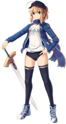 Rule 34 | 1girl, absurdres, ahoge, artoria pendragon (fate), baseball cap, black buruma, black hat, black thighhighs, blonde hair, blue footwear, blue jacket, blue scarf, blush, boa (brianoa), buruma, clothes writing, commentary, fate (series), full body, green eyes, hand on hilt, hand on own hip, hat, highres, himitsucalibur (fate), holding, holding sword, holding weapon, jacket, laces, leg up, legs apart, long hair, long sleeves, looking away, mysterious heroine x (fate), open clothes, open jacket, pocket, ponytail, rojiura satsuki: chapter heroine sanctuary, scarf, shirt, shoelaces, shoes, sidelocks, sneakers, solo, standing, sword, t-shirt, thighhighs, track jacket, transparent background, weapon, white shirt