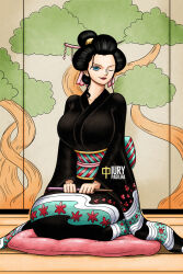 Rule 34 | blue eyes, breasts, curvy, fan, hair ornament, hair up, hand fan, hands on own thighs, holding, holding fan, iury padilha, japanese clothes, kimono, kneeling, large breasts, nico robin, nico robin (wano), on floor, one eye closed, one piece, sitting, tagme, wink