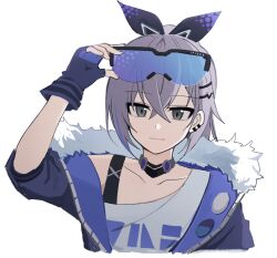 Rule 34 | 1girl, collarbone, crossed bangs, earrings, eyewear on head, fingerless gloves, gloves, goggles, goggles on head, grey eyes, grey hair, high ponytail, honkai: star rail, honkai (series), jacket, jewelry, korean commentary, lix (iroiro3843), looking at viewer, multicolored hair, open clothes, open jacket, shirt, silver wolf (honkai: star rail), simple background, single-shoulder shirt, smile, solo, streaked hair, white background