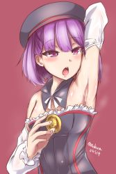Rule 34 | 1girl, arm up, armpits, arms behind head, bare shoulders, blush, breasts, chestnut mouth, fate/grand order, fate (series), helena blavatsky (fate), looking at viewer, madara (yotunoha01), open mouth, purple eyes, purple hair, short hair, simple background, small breasts, solo, sweat, tsurime, upper body