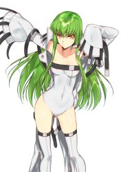 Rule 34 | 1girl, adapted costume, bodysuit, breasts, breasts apart, c.c., closed mouth, code geass, collarbone, covered navel, creayus, expressionless, gluteal fold, green hair, hair between eyes, hand up, hip focus, leotard, long hair, long sleeves, looking at viewer, medium breasts, narrow waist, navel, off shoulder, open clothes, outstretched arm, sidelocks, simple background, sleeves past wrists, solo, standing, straight hair, straitjacket, strap, strapless, strapless leotard, taut clothes, thighhighs, unzipped, very long hair, white background, white bodysuit, white leotard, white thighhighs, wide sleeves, yellow eyes, zipper, zipper pull tab