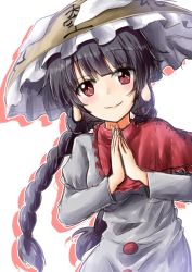 Rule 34 | 1girl, ajirogasa, black hair, blush, braid, breasts, brown hat, capelet, commentary request, dress, earlobes, grey dress, hat, highres, juliet sleeves, long earlobes, long hair, long sleeves, looking at viewer, medium breasts, oshiaki, own hands together, palms together, puffy sleeves, red capelet, red eyes, silhouette, simple background, smile, snow, solo, touhou, translation request, twin braids, upper body, white background, yatadera narumi