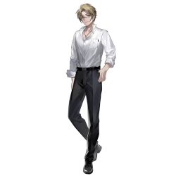 Rule 34 | 1boy, armin (girls&#039; frontline), artist request, belt, black footwear, black pants, blonde hair, breast pocket, closed mouth, collared shirt, dog tags, full body, girls&#039; frontline, green eyes, hand in pocket, highres, jacket, long sleeves, looking at viewer, male focus, official art, pants, pocket, shirt, shoes, short hair, simple background, smile, solo, standing, third-party source, transparent background, white shirt