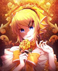 Rule 34 | 1girl, aku no musume (vocaloid), blonde hair, bow, brown background, collar, detached collar, dress, evillious nendaiki, flower, hair bow, hair flower, hair ornament, hairclip, hand up, holding, holding flower, kagamine rin, looking at viewer, masaki (star8moon), nail polish, off-shoulder dress, off shoulder, orange collar, parted lips, patterned background, ponytail, purple eyes, riliane lucifen d&#039;autriche, rose, short ponytail, smile, solo, swept bangs, upper body, vocaloid, yellow bow, yellow dress, yellow flower, yellow nails, yellow rose