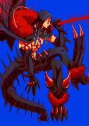 Rule 34 | 1boy, abs, biceps, black gloves, black pants, blue background, blue hair, bodypaint, cape, claws, closed mouth, crossed legs, cu chulainn (fate), cu chulainn (fate) (all), cu chulainn (fate/stay night), cu chulainn alter (fate), cu chulainn alter (fate/grand order), cu chulainn alter (third ascension) (fate), dark blue hair, dark persona, detached hood, elbow gloves, expressionless, facepaint, fate/grand order, fate (series), fur-trimmed cape, fur trim, gae bolg (fate), gloves, highres, holding, holding polearm, holding weapon, hood, hood up, lancer, long hair, male focus, monster boy, muscular, muscular male, navel, pants, pectorals, polearm, ponytail, red eyes, simple background, skin tight, solo, spikes, tail, tikarawaza, topless male, weapon