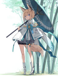 Rule 34 | 1girl, animal ears, bamboo, bamboo forest, black shorts, blue eyes, blue umbrella, blush, boots, closed mouth, commentary request, day, forest, fox ears, fox girl, fox tail, full body, grey shirt, hair between eyes, high heel boots, high heels, highres, holding, holding umbrella, jacket, light brown hair, long sleeves, looking at viewer, nature, oil-paper umbrella, original, outdoors, poco (asahi age), puffy long sleeves, puffy sleeves, shirt, short shorts, shorts, sleeves past wrists, solo, standing, tail, umbrella, white footwear, white jacket