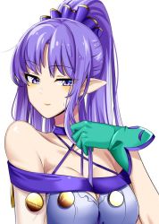 Rule 34 | 1girl, between breasts, blush, breasts, choker, cleavage, doko tetora, dress, fate/grand order, fate (series), gloves, green gloves, large breasts, long hair, medea (lily) (fate), off-shoulder dress, off shoulder, parted lips, pointy ears, ponytail, purple choker, purple dress, purple hair, simple background, solo, sweatdrop, upper body, white background