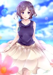 Rule 34 | 1girl, bad id, bad pixiv id, bare arms, blue eyes, blue shirt, blue sky, blush, bracelet, breasts, cloud, cowboy shot, day, hair blowing, hair ornament, hairclip, highres, jewelry, lens flare, light particles, light smile, looking at viewer, medium breasts, necklace, original, outdoors, parted lips, pink skirt, purple hair, shi-2, shirt, short hair, skirt, sky, sleeveless, sleeveless shirt, solo, standing