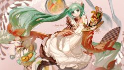 Rule 34 | 1girl, apron, boots, bread, cross-laced footwear, curry, food, green hair, hatsune miku, highres, lace-up boots, rumoon, soup, spoon, vocaloid