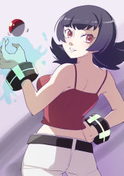 1girl ass belt black_hair breasts creatures_(company) drdr_ao_midoro game_freak highres jewelry long_hair looking_at_viewer nintendo poke_ball poke_ball_(basic) pokemon pokemon_hgss purple_hair red_eyes sabrina_(pokemon) smile solo