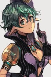 Rule 34 | 1girl, black gloves, bra, breasts, choker, cleavage, closed mouth, glasses, gloves, green hair, hair between eyes, hand on own hip, hat, hungry clicker, jacket, nintendo, pandoria (xenoblade), pointing, pointing up, pointy ears, short hair, smile, solo, striped clothes, striped jacket, top hat, underwear, upper body, vertical-striped clothes, vertical-striped jacket, white background, xenoblade chronicles (series), xenoblade chronicles 2