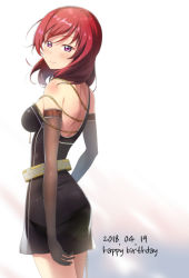 Rule 34 | 1girl, backless dress, backless outfit, bare shoulders, belt, black dress, black gloves, breasts, chain, chain, dated, dress, elbow gloves, gloves, gold chain, happy birthday, jewelry, looking at viewer, looking back, love live!, love live! school idol festival, love live! school idol project, medium breasts, medium hair, nishikino maki, purple eyes, red hair, redame, single strap, smile, solo, standing