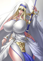 Rule 34 | 1girl, alternate breast size, blindfold, blonde hair, breasts, bridal gauntlets, commentary request, covered erect nipples, curvy, detached sleeves, dress, goblin slayer!, hatsusora sakuta, highres, holding, holding sword, holding weapon, huge breasts, impossible clothes, jewelry, lips, long hair, looking at viewer, revealing clothes, scar, sideless outfit, solo, sword, sword maiden, veil, weapon, white dress, wide hips