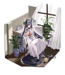 Rule 34 | 1girl, absurdly long hair, absurdres, august von parseval (azur lane), august von parseval (the conquered unhulde) (azur lane), azur lane, between breasts, black dress, black footwear, black horns, breasts, center opening, cleavage, curled horns, dress, finger to cheek, from above, full body, hair over one eye, high heels, highres, horns, indoors, large breasts, long hair, looking at viewer, looking up, manjuu (azur lane), mechanical horns, official alternate costume, one eye covered, partially undressed, plant, potted plant, purple eyes, purple hair, shoes, simple background, sitting, sleeveless, sleeveless dress, solo, strap between breasts, tasuku isa isa, thighhighs, two-tone dress, very long hair, white background, white dress, white thighhighs, window