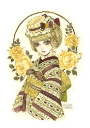 Rule 34 | 1girl, bad id, bad pixiv id, dated, flower, hat, japanese clothes, kimono, looking at viewer, original, rose, sakizou, signature, solo, yellow flower, yellow rose