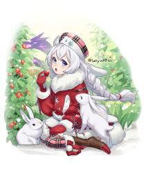 Rule 34 | 1girl, :o, artist name, blue eyes, boots, braid, braided ponytail, brown footwear, christmas tree, commentary, food, fruit, fur trim, gloves, hair between eyes, hat, high heel boots, high heels, holding, holding food, holding fruit, lin leiyu0921, long hair, looking at viewer, open mouth, outdoors, plaid, plaid legwear, rabbit, red gloves, red sleeves, shadow, sitting, snow, snowflake print, solo, soulworker, stella unibell, strawberry, teeth, tree, upper teeth only, wariza, white hair, winter clothes