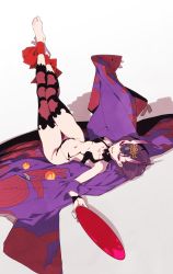 Rule 34 | 1girl, :d, amanohana, ankle ribbon, barefoot, breasts, cup, eyeliner, fate/grand order, fate (series), headpiece, horns, japanese clothes, kimono, leg ribbon, legs up, lying, makeup, navel, on back, oni, open mouth, purple eyes, purple hair, purple kimono, revealing clothes, ribbon, sakazuki, short hair, shuten douji (fate), skin-covered horns, small breasts, smile, solo, thigh gap