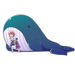Rule 34 | 1girl, blue shirt, breasts, commentary, full body, green eyes, holding, holding tray, kousei (public planet), medium breasts, okunoda miyoi, oversized clothes, pink hair, purple skirt, shirt, short hair, short sleeves, simple background, skirt, smile, solo, touhou, tray, whale hat, white background, white footwear