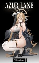 Rule 34 | 1girl, absurdres, azur lane, backless outfit, bare shoulders, black background, blonde hair, breast cutout, breasts, character name, cleavage, clothing cutout, english text, fake horns, from side, habit, hair between eyes, highres, horns, implacable (azur lane), large breasts, long hair, looking at viewer, mouth hold, nun, pelvic curtain, red eyes, revealing clothes, see-through, simple background, solo, squatting, stomach cutout, takeka oni, thighhighs, very long hair, white horns, white thighhighs