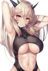 Rule 34 | 1girl, armpits, arms behind head, arms up, artoria pendragon (fate), artoria pendragon (lancer alter) (fate), bare shoulders, black leotard, blush, braid, breasts, center opening, covered collarbone, fate/grand order, fate (series), french braid, hair between eyes, hands in hair, head tilt, highres, horns, large breasts, leotard, long hair, looking at viewer, motokonut, navel, open mouth, parted lips, sidelocks, simple background, slit pupils, solo, underboob, very long hair, white background, yellow eyes
