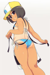 Rule 34 | 10s, 1girl, apron, ass, baseball cap, bikini, brown eyes, brown hair, flat ass, flat chest, from behind, hat, kneepits, legs, looking back, naughty face, om (nk2007), one-piece tan, short hair, side-tie bikini bottom, smile, solo, swimsuit, tan, tanline, yamaguchi mika, youkai watch