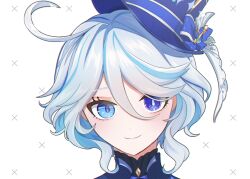 Rule 34 | 1girl, ahoge, blue eyes, blue hat, commentary request, facing viewer, flaw (4lmnis), furina (genshin impact), genshin impact, hat, highres, mismatched pupils, portrait, short hair, smile, solo, top hat, white background, white hair