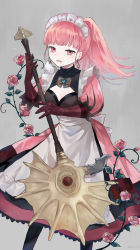 Rule 34 | 1girl, absurdres, adapted costume, alternate costume, apron, axe, battle axe, blunt bangs, brown gloves, cleavage cutout, clothing cutout, commentary request, crests (fire emblem), dress, earrings, enmaided, female focus, fire emblem, fire emblem: three houses, flower, gloves, grey background, highres, hilda valentine goneril, holding, holding axe, holding weapon, hoop earrings, jewelry, juliet sleeves, long hair, long sleeves, looking at viewer, maid, maid headdress, matching hair/eyes, nintendo, open mouth, pink dress, pink eyes, pink flower, pink hair, pink rose, ponytail, puffy sleeves, repu (rep sha), rose, simple background, smile, solo, waist apron, weapon, white apron