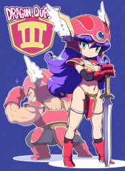 Rule 34 | 1boy, 1girl, :&lt;, aqua eyes, armor, bikini armor, blush, boots, breasts, cleavage, dragon quest, dragon quest iii, elbow gloves, full body, gloves, grin, helmet, large breasts, long hair, looking at viewer, medium breasts, navel, nollety, purple hair, red armor, smile, soldier (dq3), solo focus, standing, sword, weapon, winged helmet