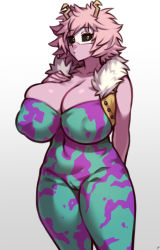 Rule 34 | 1girl, :o, absurdres, antennae, arm behind back, ashido mina, black sclera, boku no hero academia, breasts, cleavage, collarbone, colored sclera, covered erect nipples, cowboy shot, fur trim, hand on own chest, highres, huge breasts, looking at viewer, messy hair, nikuatsu magician shinbo, pink hair, short hair, solo, standing, thighs, vest, yellow eyes