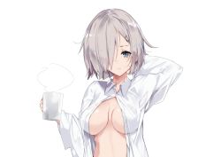 Rule 34 | 10s, 1girl, akiha (attract), arm behind head, bad id, bad twitter id, blue eyes, breasts, cleavage, cup, grey hair, hair ornament, hair over one eye, hairclip, hamakaze (kancolle), kantai collection, messy hair, naked shirt, oversized clothes, shirt, short hair, simple background, solo, steam, upper body, wavy mouth, white background