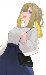 Rule 34 | 1girl, :d, bag, blonde hair, blue eyes, blue skirt, breasts, copyright request, gochiwa, grey sweater, highres, long sleeves, looking at viewer, medium breasts, open mouth, ponytail, shoulder bag, simple background, skirt, smile, solo, sweater, white background