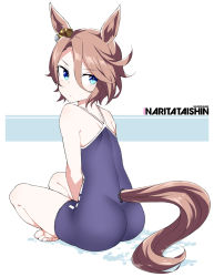 Rule 34 | 1girl, animal ears, ass, bare shoulders, blue eyes, blue one-piece swimsuit, brown hair, character name, closed mouth, competition school swimsuit, from side, full body, hair between eyes, horse ears, horse girl, horse tail, indian style, looking back, narita taishin (umamusume), one-piece swimsuit, puddle, school swimsuit, shigino sohuzi, short hair, shoulder blades, simple background, sitting, solo, swimsuit, tail, umamusume, v arms, white background