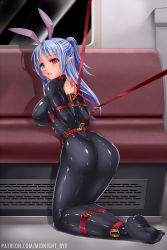 Rule 34 | 1girl, animal ears, arms behind back, ass, bdsm, black bodysuit, blue hair, blush, bodysuit, bondage, bound, bound arms, bound legs, bound torso, breasts, collar, commission, heterochromia, highres, kneeling, large breasts, latex, latex bodysuit, long hair, looking at viewer, looking back, midnight (banyex), open mouth, original, pointy ears, rabbit ears, reverse prayer, shiny clothes, skin tight, solo, train interior