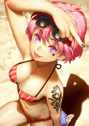 Rule 34 | 1girl, :p, arm up, bikini, black nails, breasts, cleavage, eyewear on head, facial mark, from above, looking at viewer, middle finger, nail polish, original, pink hair, purple eyes, red bikini, salmon88, shadow, solo, star (symbol), star facial mark, striped bikini, striped clothes, sunglasses, swimsuit, tattoo, tongue, tongue out, vertical-striped bikini, vertical-striped clothes